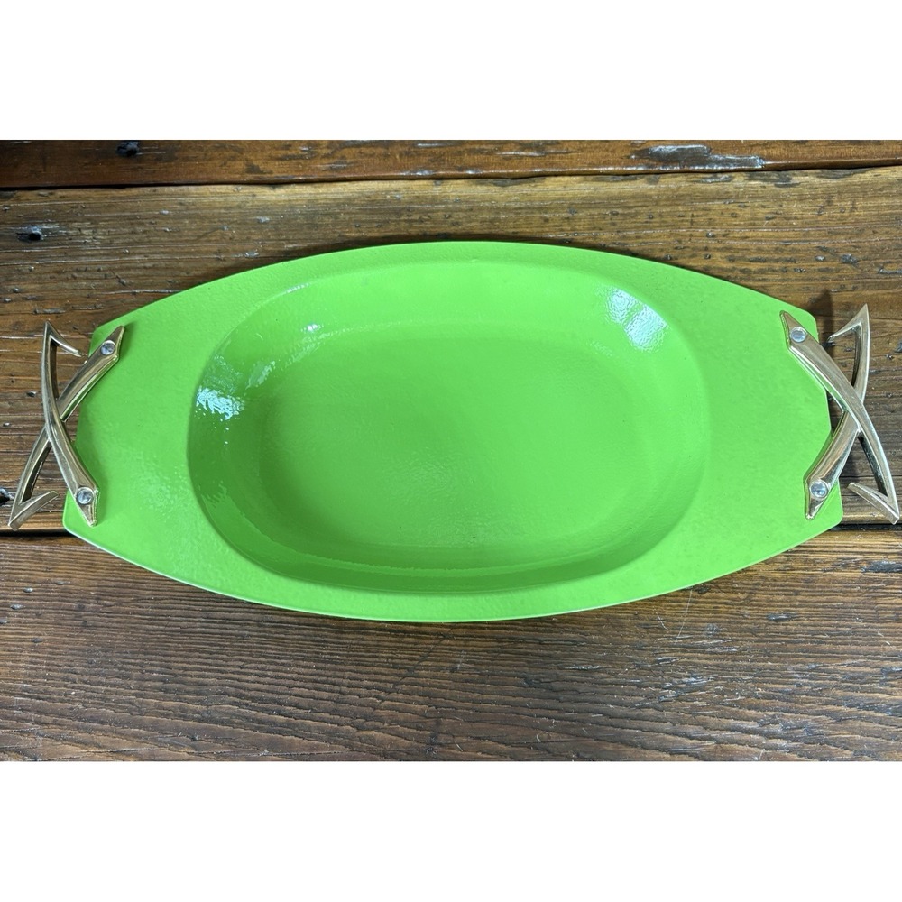 Kromex Lime Green Enameled Serving Tray Gold Tone Handles MCM 13.5" Oval USA Vtg